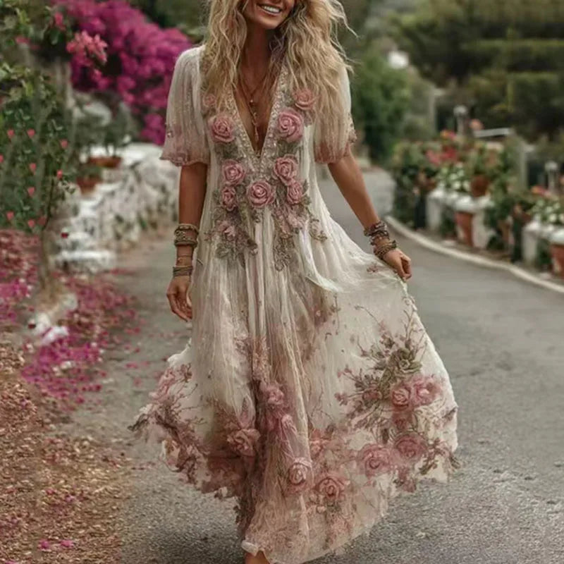 Vintage 3D Flower Print Swing Ethnic Clothing Woman Sexy Deep V Neck Hollow Long Dress Summer Short Sleeve Pleated Holiday Dress