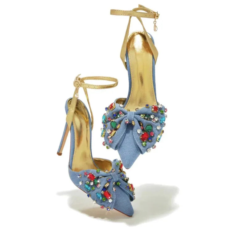 Crystal Rhinestone Bow Denim Pointed High Heel Sandals for Women