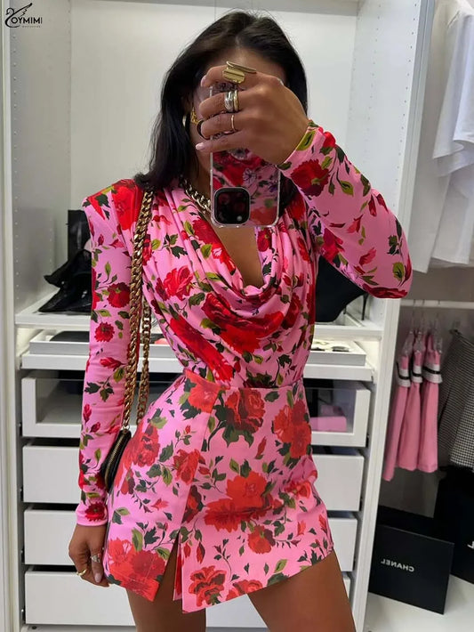 Oymimi Elegant Pink Print 2 Pieces Set For Woman Fashion V-Neck Long Sleeve Slim Tops And High Waist Side Slit Shorts Skirt Sets