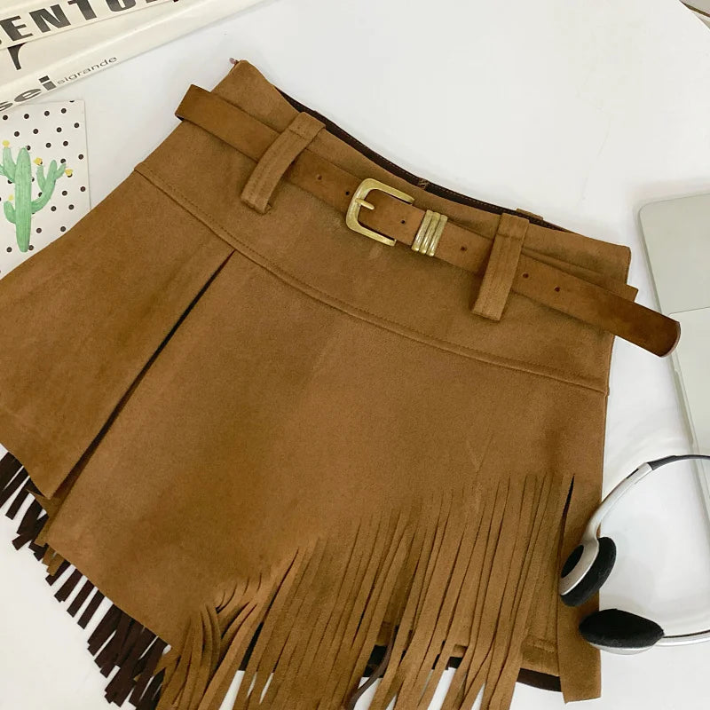 Tassel Detail Faux Suede Shorts