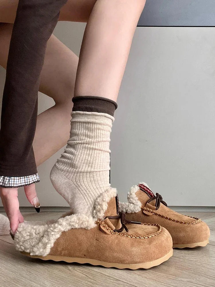 Sheepskin Fluffy Closed Toe Slippers Women Mules Shoes Warm Lace Up Indoor and Outdoor Cotton Shoes Female Winter Fashion