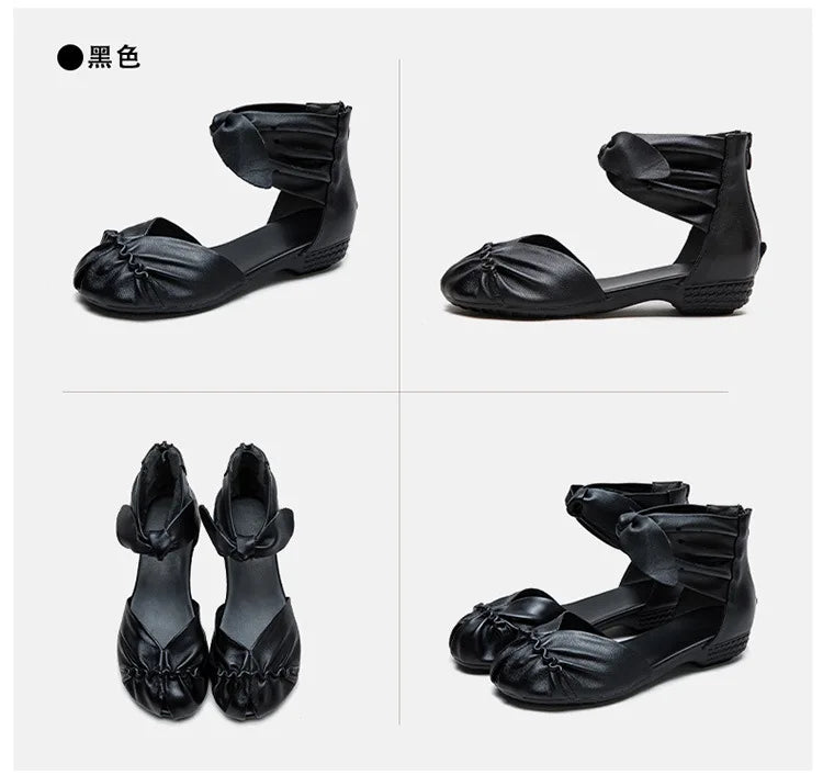 Genuine Leather Breathable Low Heel Peep Toe Sandals for Women