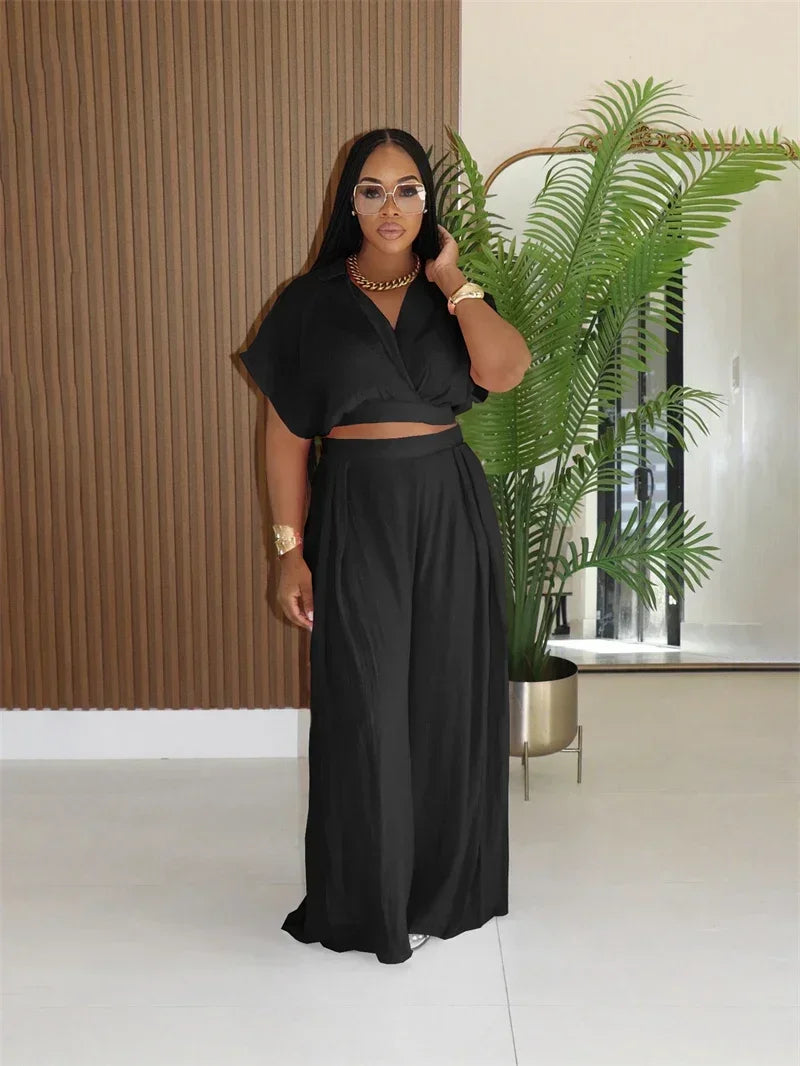 Relaxed Casual Crop Top And Wide Leg Pants Set for Women
