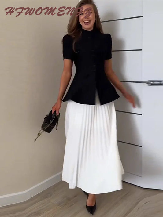 Stand Collar Blazer And Pleated Skirt Set