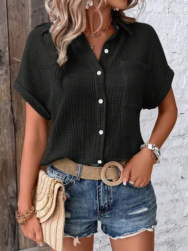 Short Sleeve Cotton Button Down Blouse With Pockets for Women
