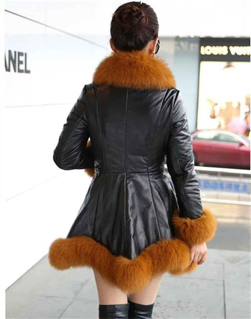 Size 6XL Women's Clothing Autumn Winter Imitation Fox Fur Big Fur Collar Thick Warm Female's Leather Jacket Slim Fur Coat