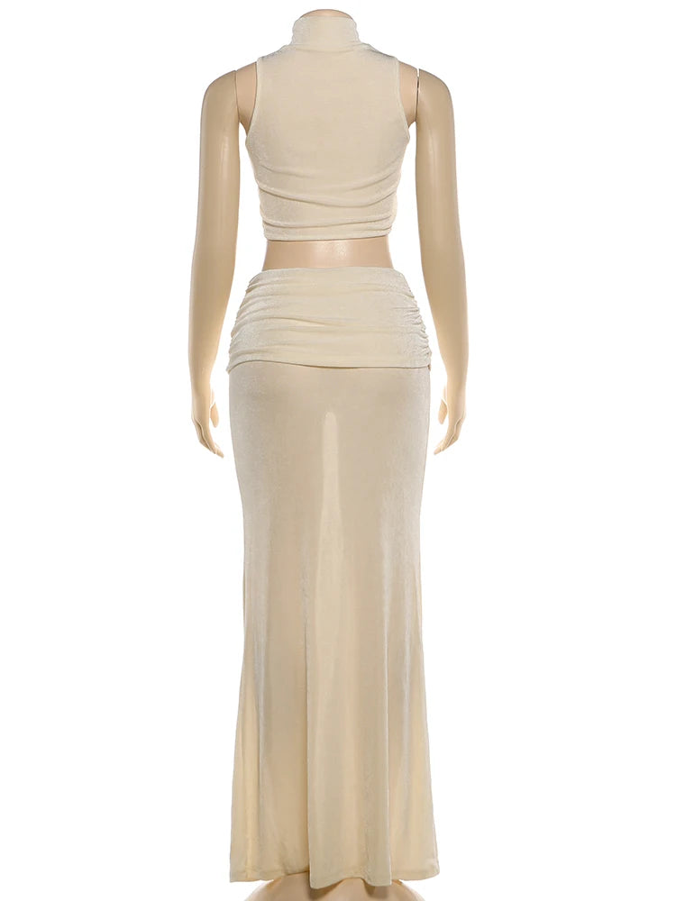 Nibber Prom Party 2 Piece Set Women Sexy Bead Patchwork Turtleneck Tank Top+Ruched Mesh Hem Skirts Chic Elegant Banquet Clubwear