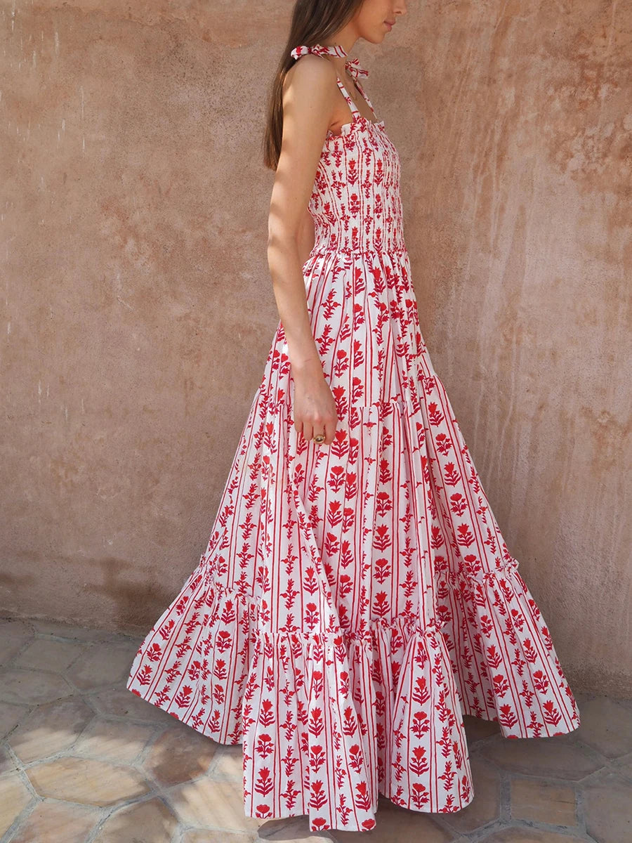 Women'S Sleeveless Printed Lace Up Dress Casual Summer Printed Lace Up A-Line Party Dress Suitable For Holiday Beach Street Wear