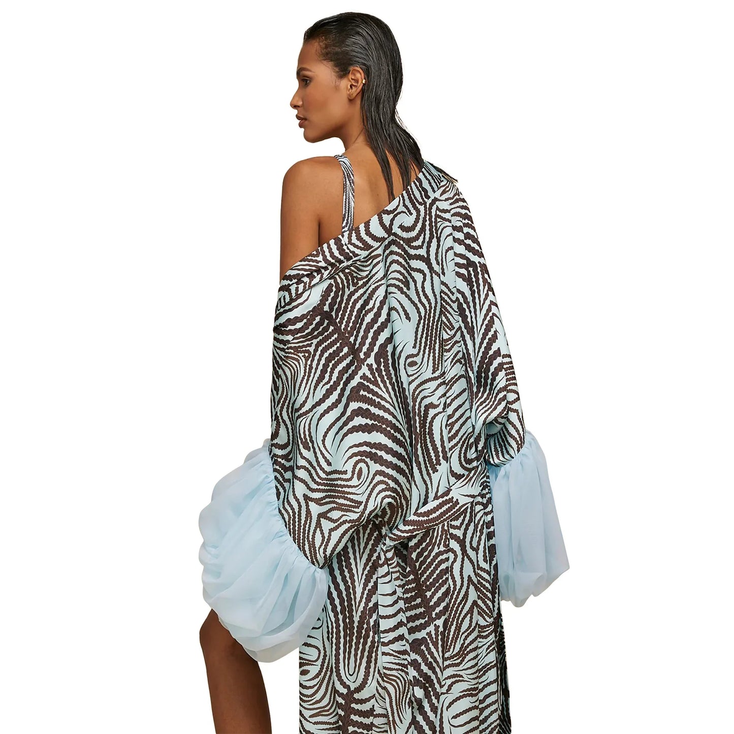 Vintage Floral Printed Chiffon Long Cardigan With Ruffle Sleeves for Women