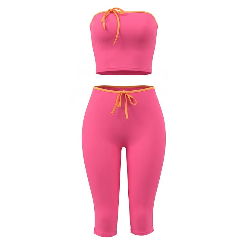 Rose Red Patchwork Lace-Up Two Piece Set for Women