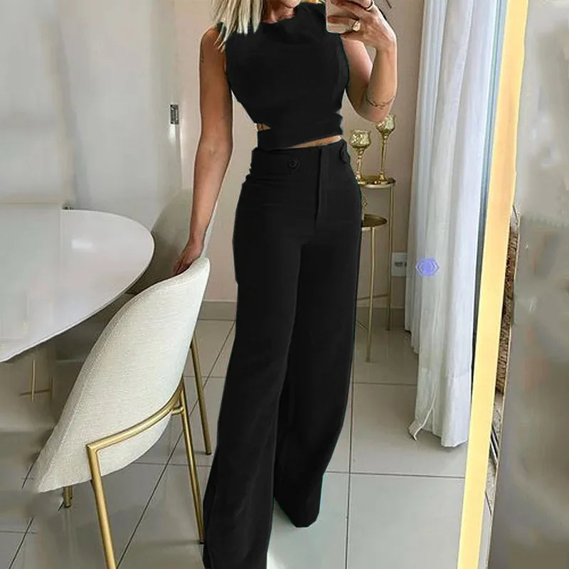 Two Piece Sets Women Splice Tops Sleeveless Button Pants Set Slim Fit Casual Straight Trousers Solid Office Lady Spring