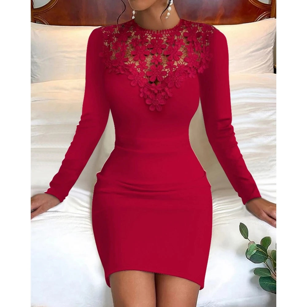 Contrast Lace Round Neck Slim Fit Bodycon Dress Hollow Out Mini Party Dress
