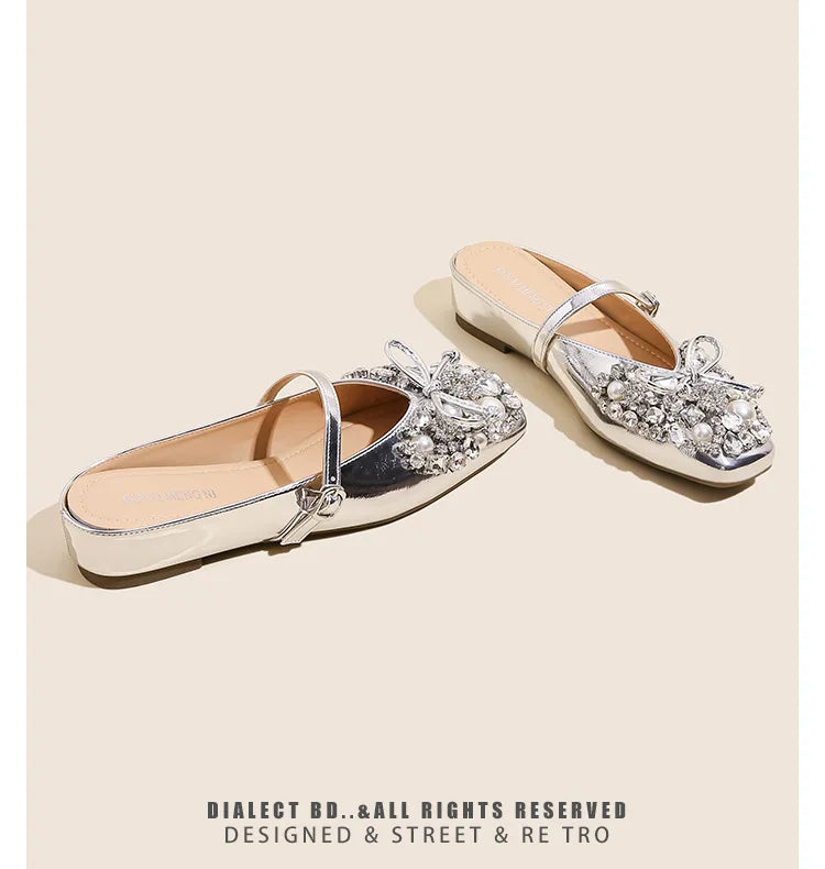 Pearl Bow Embellished Square Toe Flat Shoes For Women