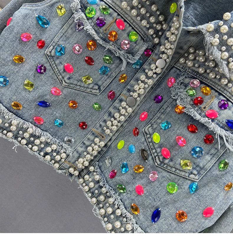 Rhinestone Studded Beaded Denim Lapel Jacket For Women