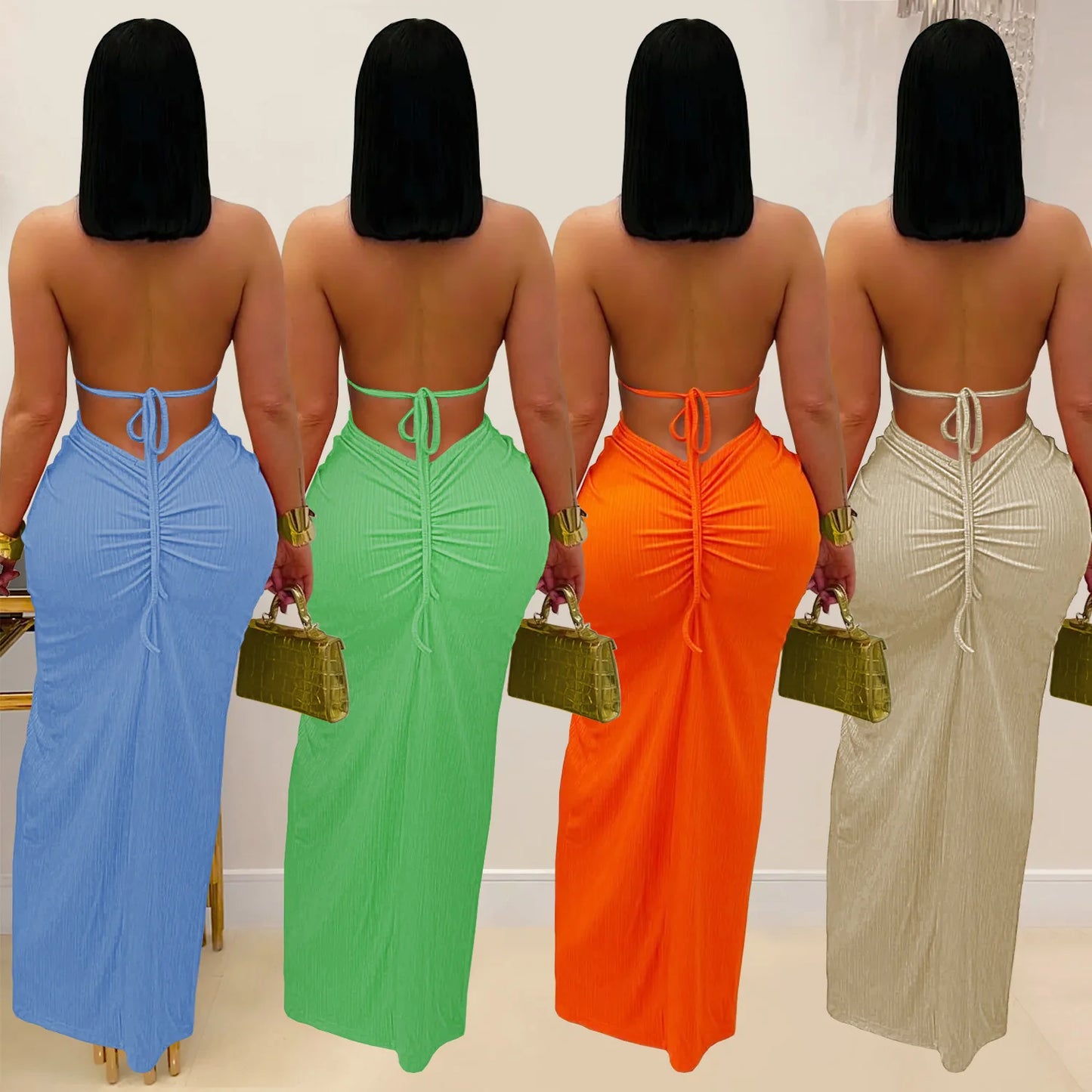 Joskaa Women's 2025 Summer Knit Halter Dress Sexy Hollow Backless Slit Bodycon Maxi Dresses Holiday Party Club Beachwear S-XXL