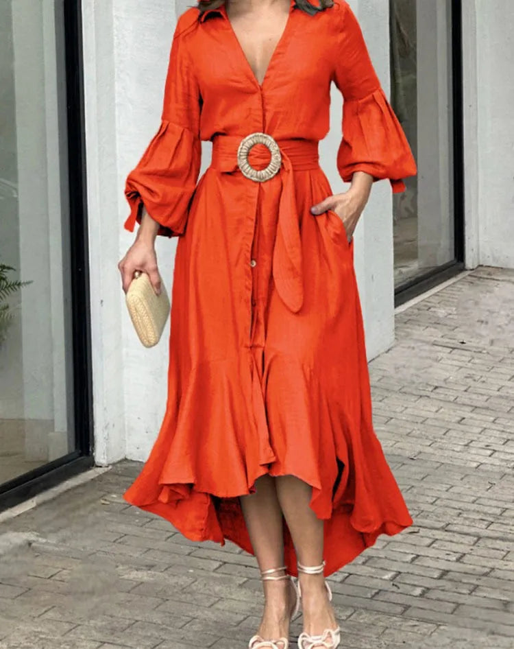 Casual Summer Dress With Turn Down Collar And Pockets for Women