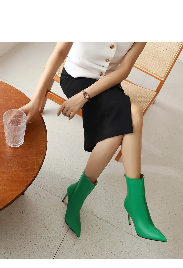 Elegant Plus Size Leather Pointed Toe High Heel Ankle Boots for Women