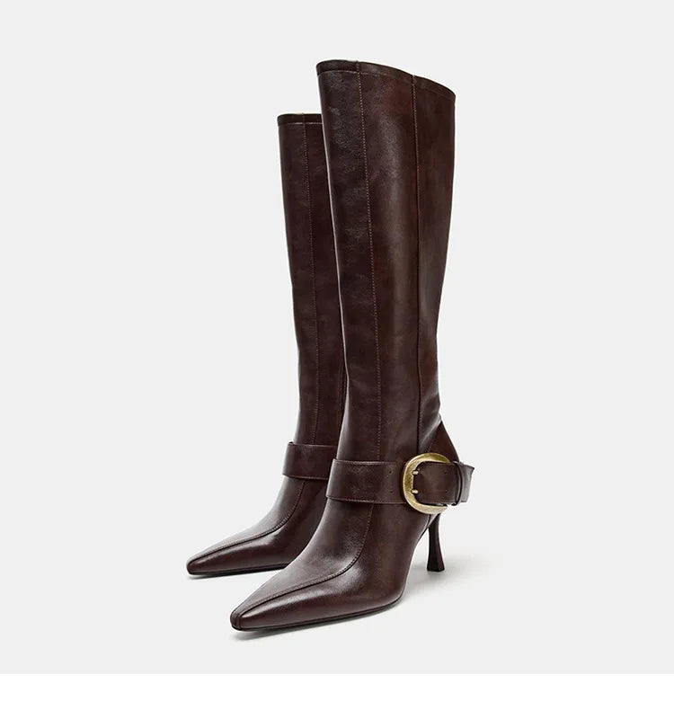 Elegant Pointed Toe Metal Buckle Mid Calf Boots for Women