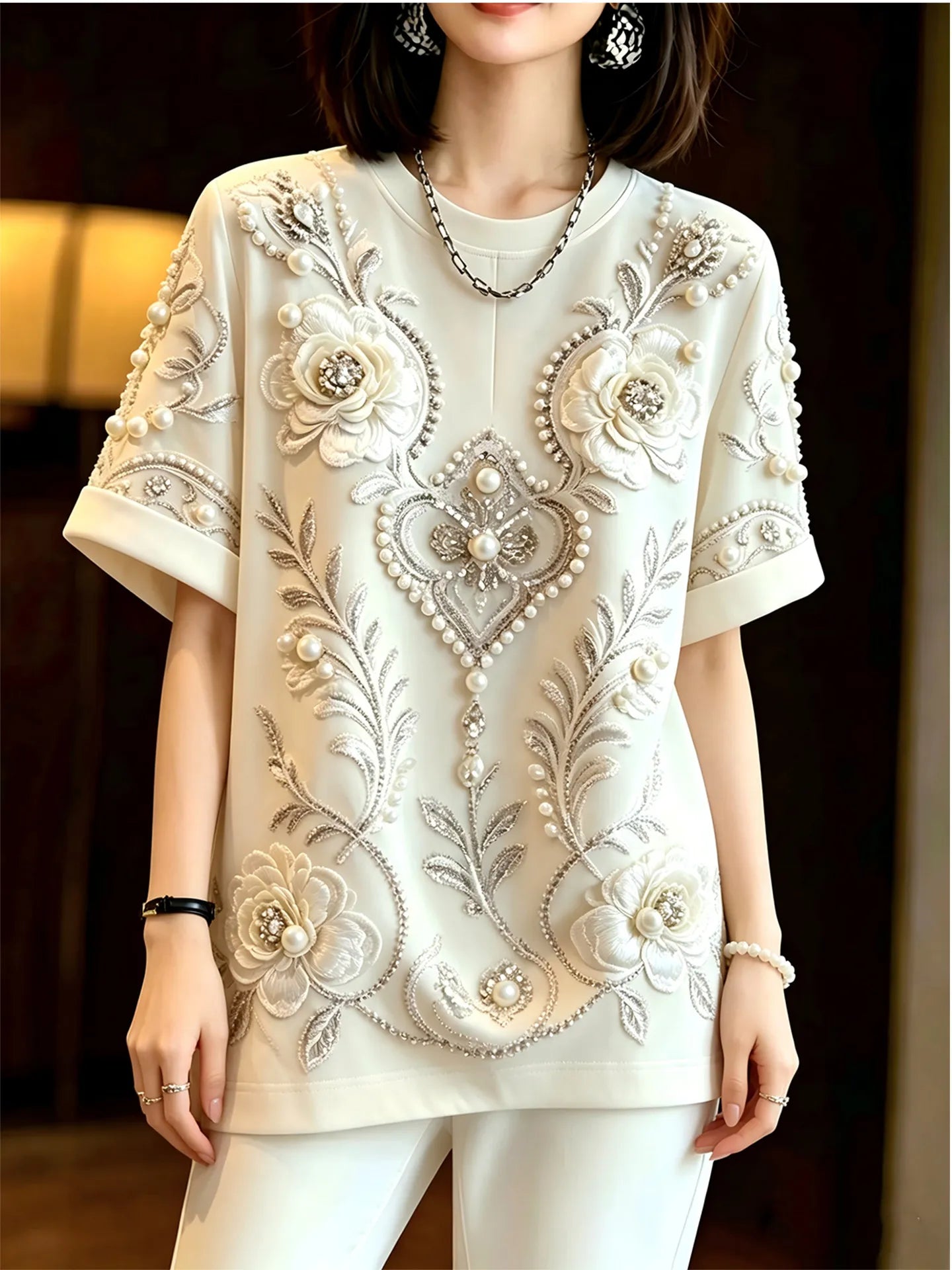 High Quality New Spring Summer Oversize Pullover Top All-match Short Sleeve T-shirt Luxury Diamonds Beading Female Casual Tees