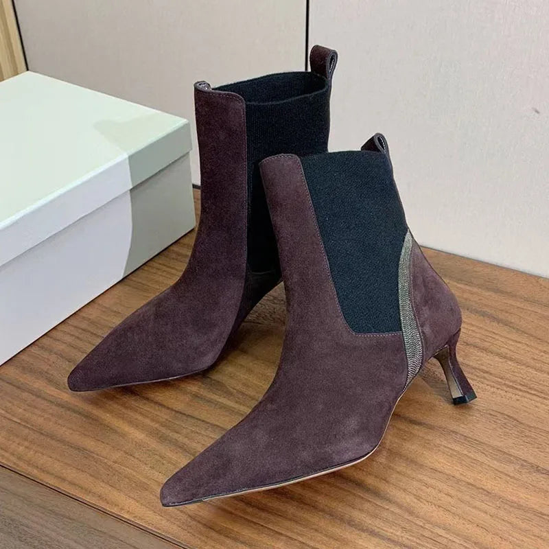 Pointed Toe Kitten Heel Suede Ankle Boots For Women