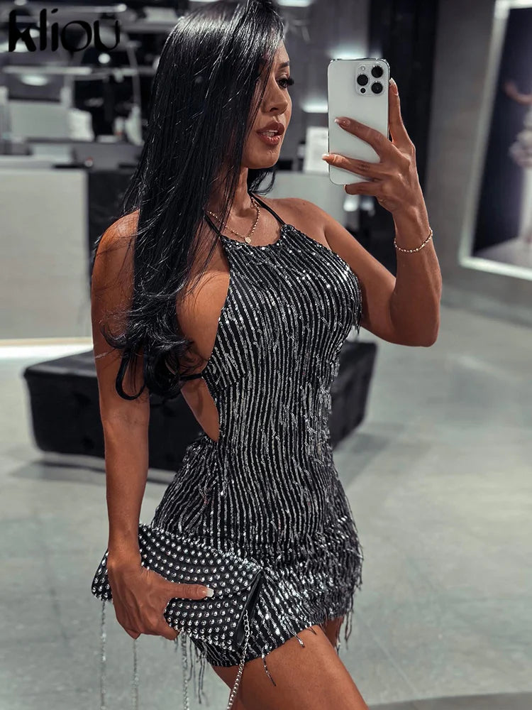 Shiny Tassel Halter Backless Mini Party Dress for Women