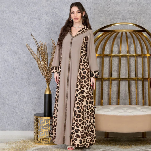 Leopard Print Color Block V Neck Abaya