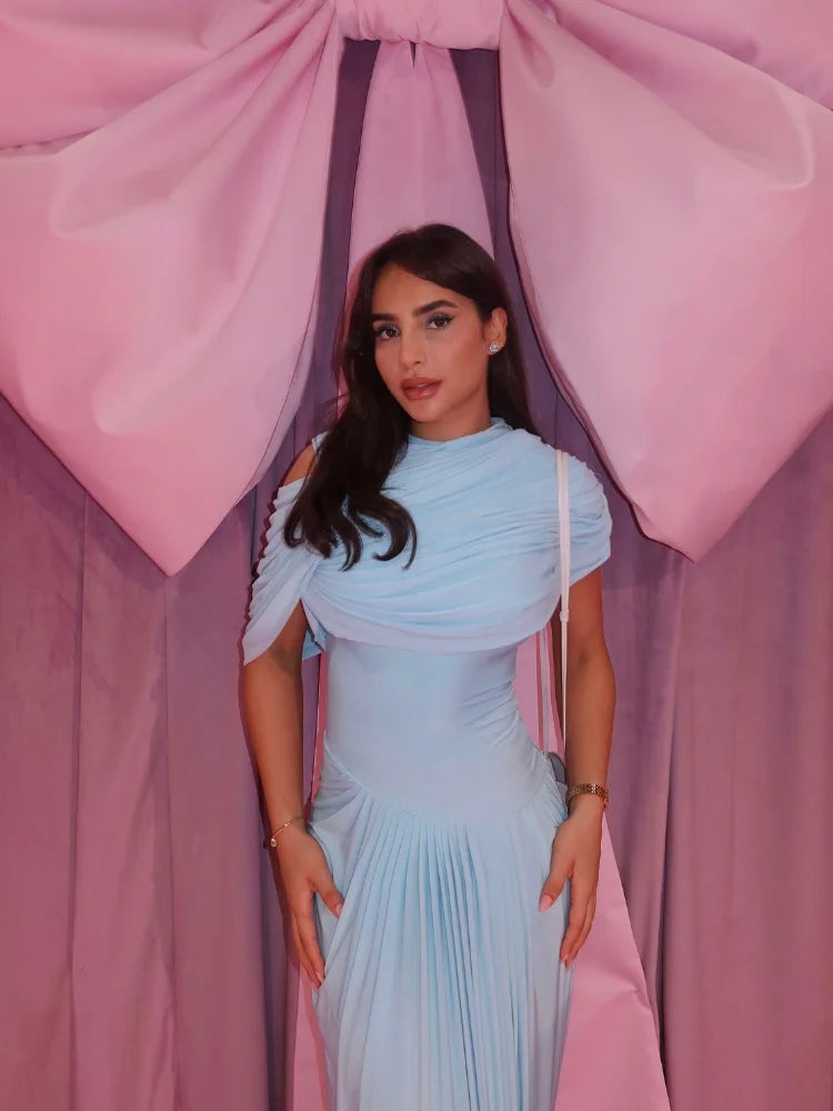 Blue Pleated Shawl Maxi Dress Women Elegant Short Sleeve Slim Fit Evening Party Robe 2025 Autumn Summer Chic Solid New Vestidos