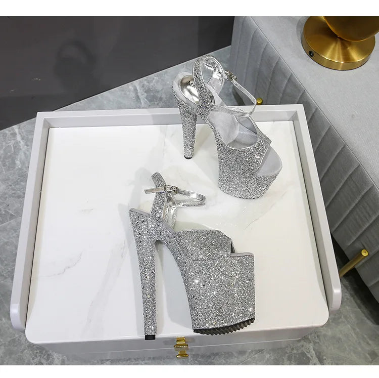 Elegant Sequined Gold High Heel Platform Sandals for Women