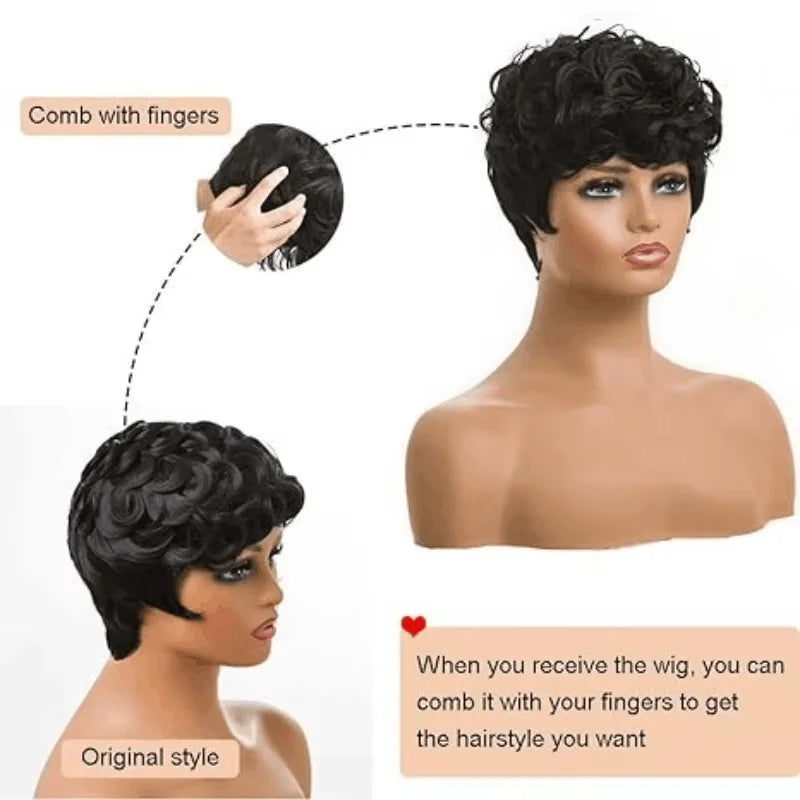 Short Pixie Wigs for Black Women Short Black Curly Pixie Wigs Synthetic Hair Wigs for Black Women Natural Wavy Black Pixie Cut