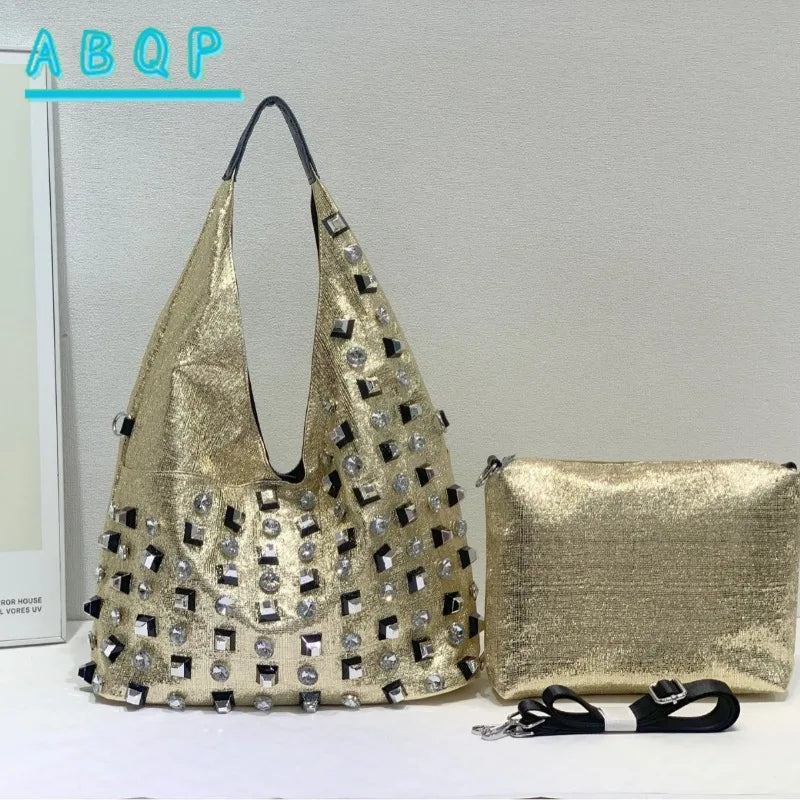 New Women's Diamond Handbag Luxury Brand Fashion Diamond Women's Shoulder Bag Large Capacity Shiny 2-piece Set Women's Bag