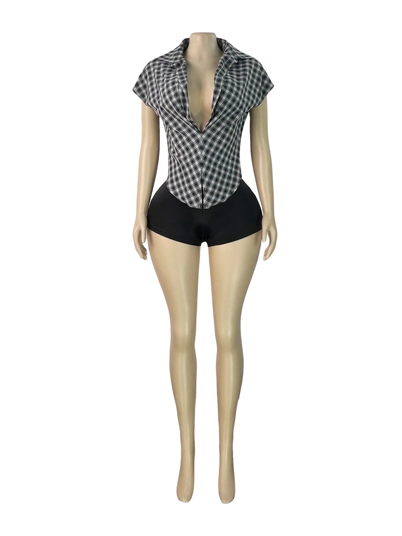 Plaid Print Deep V Neck Sleeveless Hollow Two Piece Set for Women