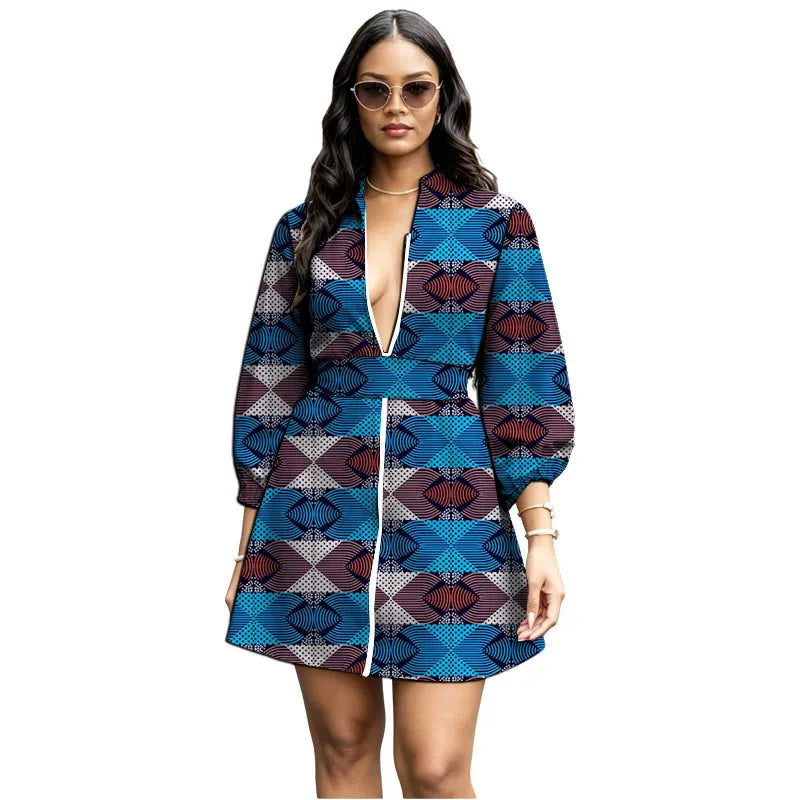 Zipper Belt African Print Loose Bishop Sleeve Dress for Women