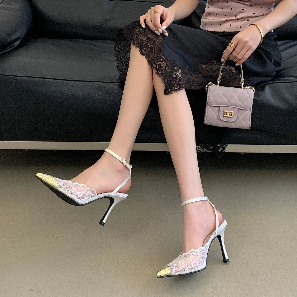 Elegant White Lace Slingback Stiletto Heels for Women