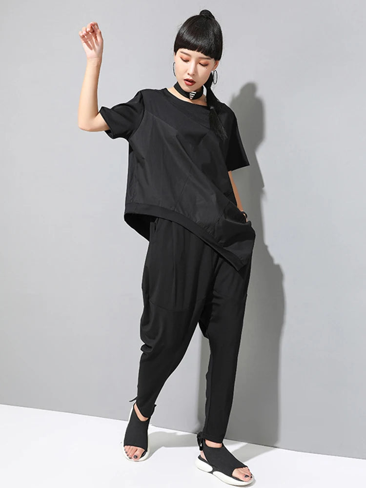 [EAM] Women Black Irregular Hem Spliced Big Size T-shirt New Round Neck Short Sleeve Fashion Tide Spring Summer 2025 1DJ1765