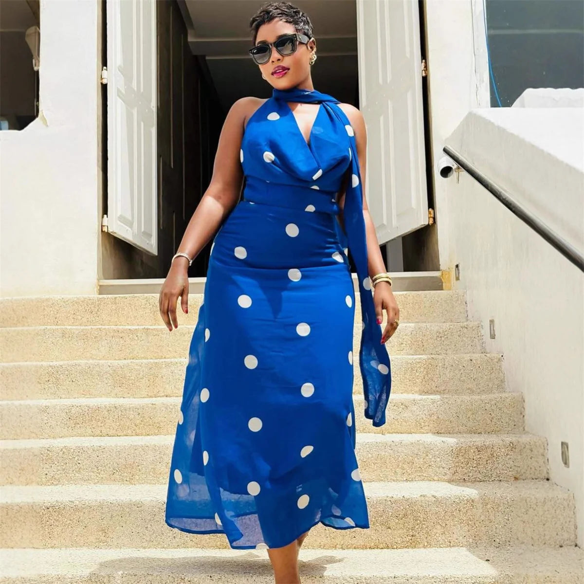 Vintage Polka Dot Backless Halter Maxi Dress for Women