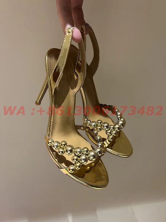 Metallic Leather Open Toe Slingback High Heel Sandals For Women