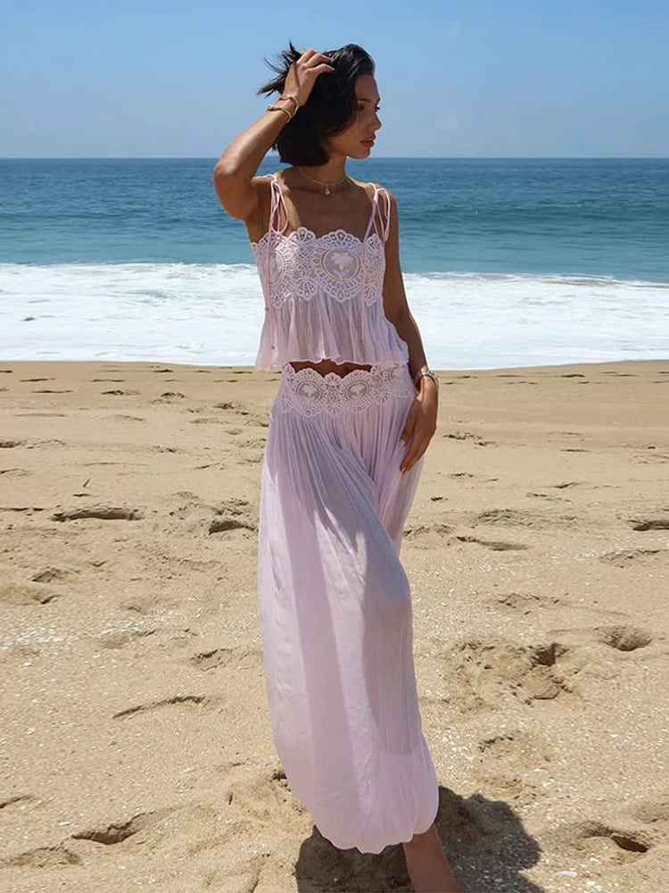 Elegant Hollow Out Lace Two Piece Summer Outfit For Women