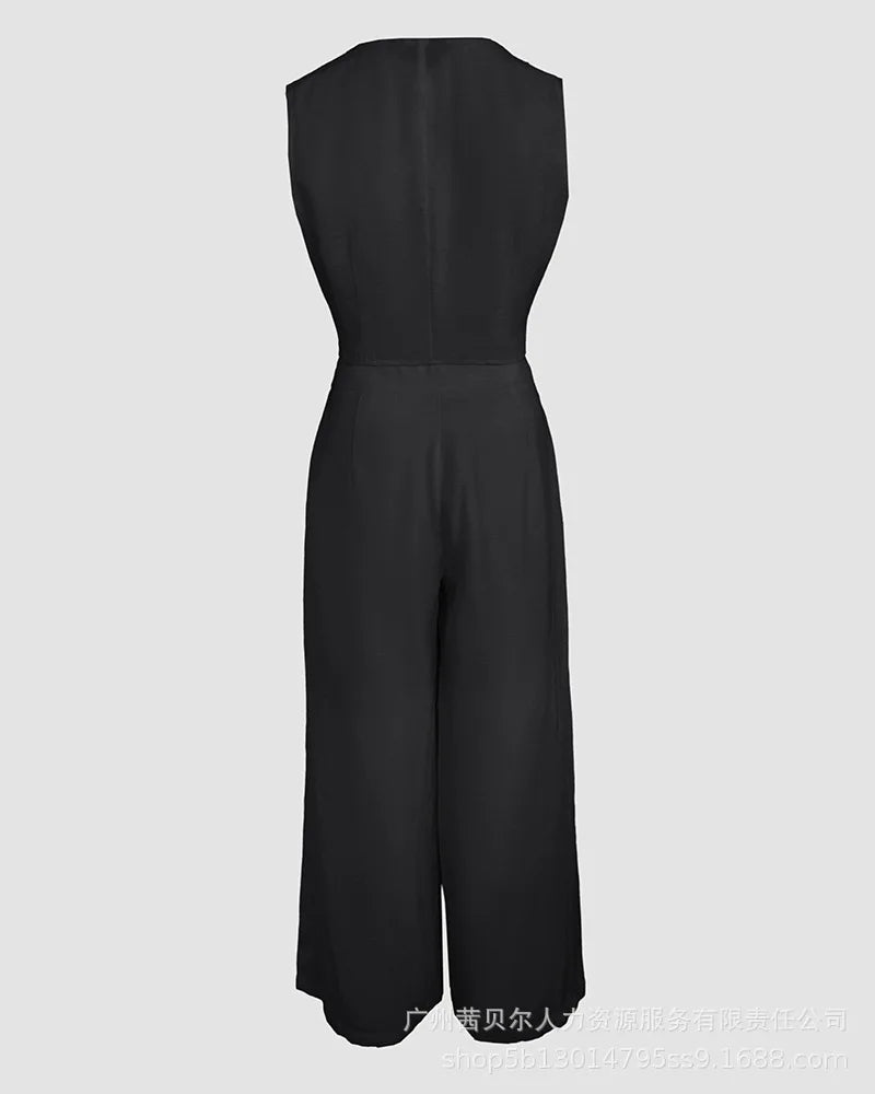 Women New 2 Pieces Outfits Metal Button Decor V Neck Sleeveless Tank Top and Casual Plain Loose Fit Pants Set