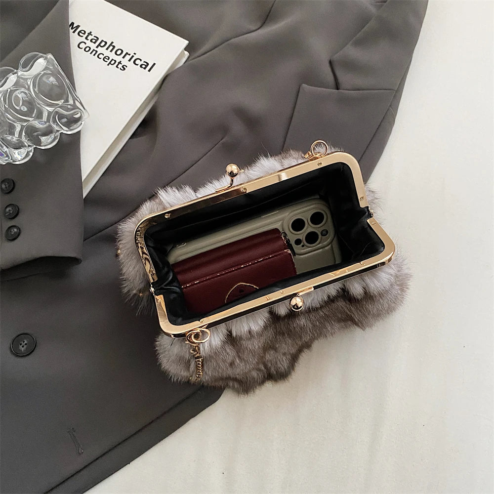 Luxurious Fox Fur Evening Clutch with Chain for Women