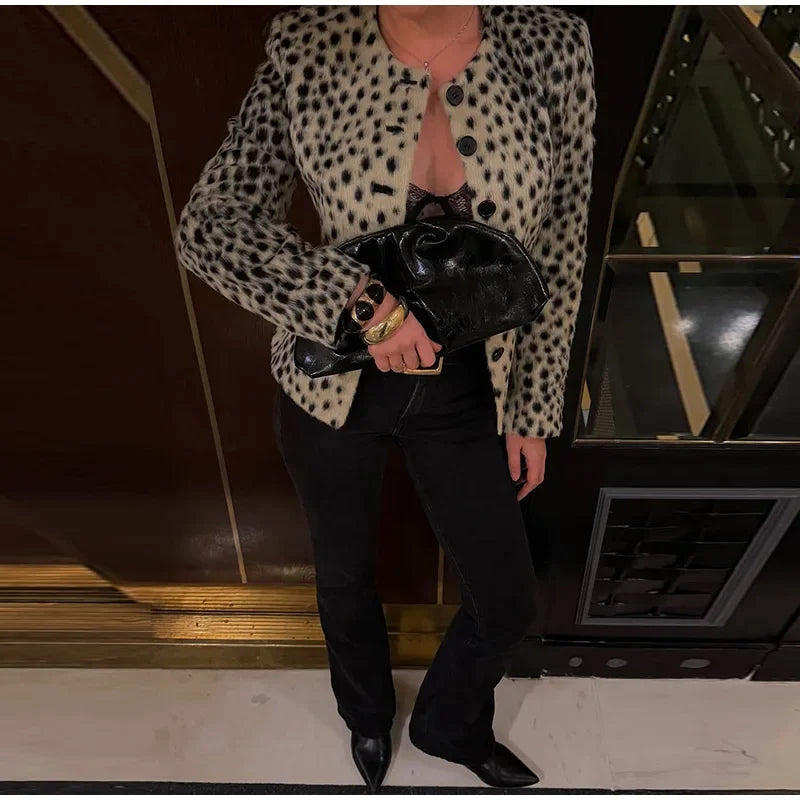 Leopard Print Faux Fur Single Breasted Crop Jacket for Women