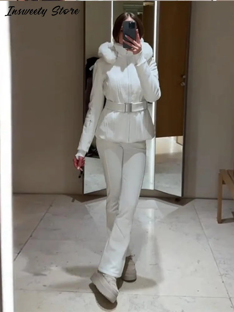 Warm Fur Trim Hooded Winter Ski Suit with Belt for Women