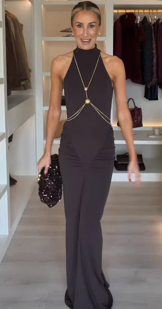 Elegant Metal Chain Pleated Dress Women Sleeveless Off Shoulder Patchwork Slim Long Dresses 2025 New Lady Evening Party Vestidos