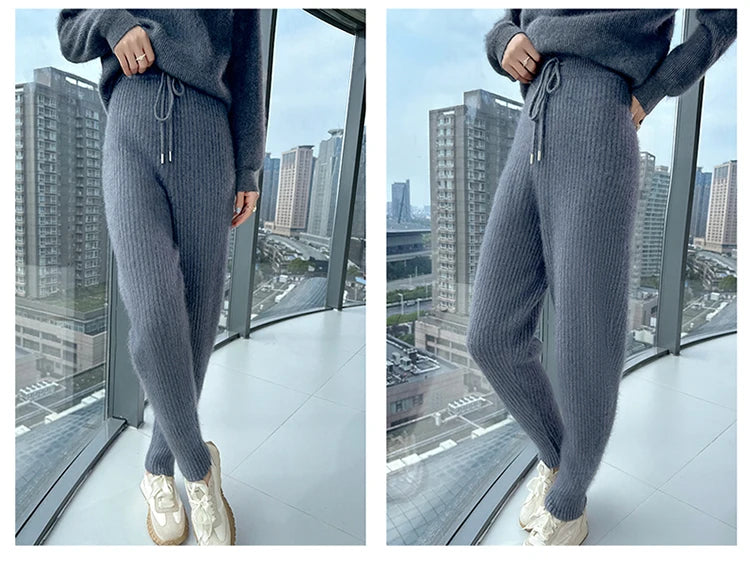 Warm Knit Elastic Waist Slim Fit Trousers for Women
