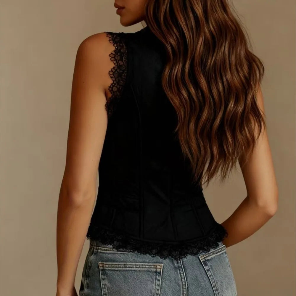 Deep V Neck Denim Backless Top With Lace Trim for Women