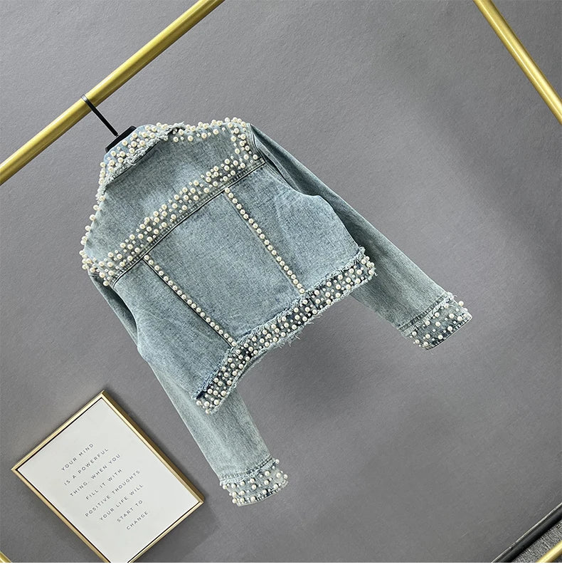 Rhinestone Studded Beaded Denim Lapel Jacket For Women