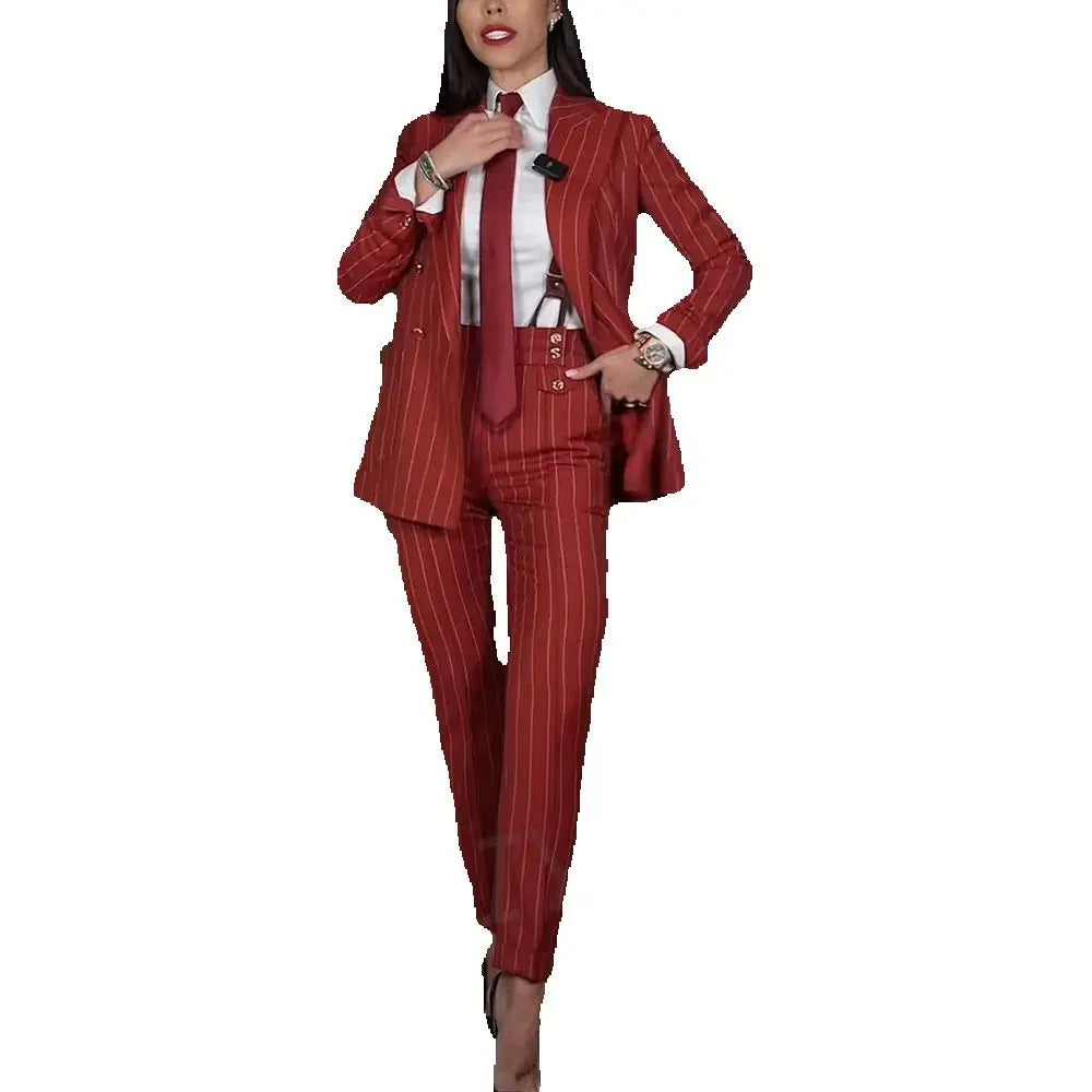 Smart Casual Women's Suit Two Pieces Classic Striped Slim Fit Jacket Pants Peaked Lapel Double Breasted Office Lady Formal Set