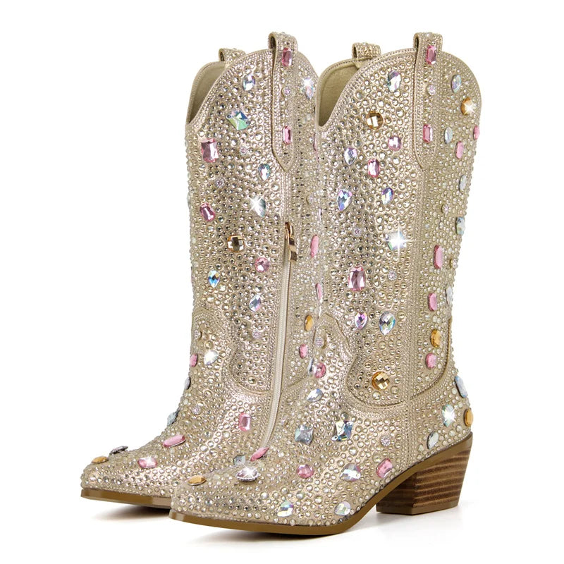 Rhinestone Knee High Cowgirl Boots With Chunky Heels for Women
