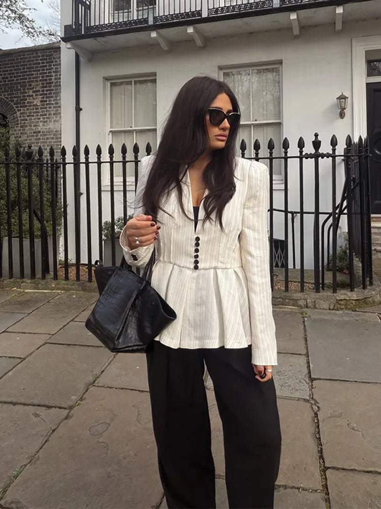 Casual Striped V Neck Ruffle Two Piece Set for Women