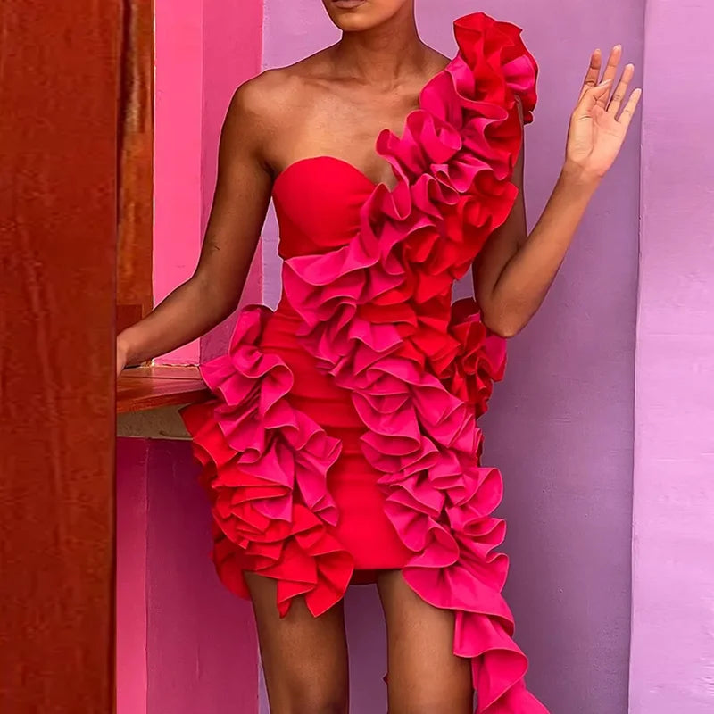 Ruffle Design Off Shoulder Patchwork Mini Dress for Women