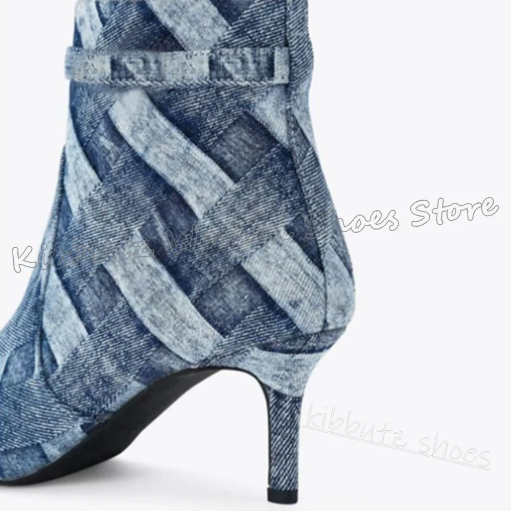 Gingham Knee High Boots Pointy Thin Heels Slip-On Belt Buckle Novelty Fashion Luxury Sexy Elegant Women Shoes Newest Mixed Color